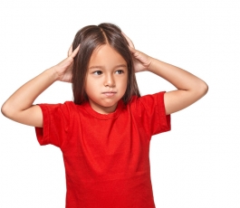 little girl red t shirt closed her ears with hands does want listen anyone isolated white background